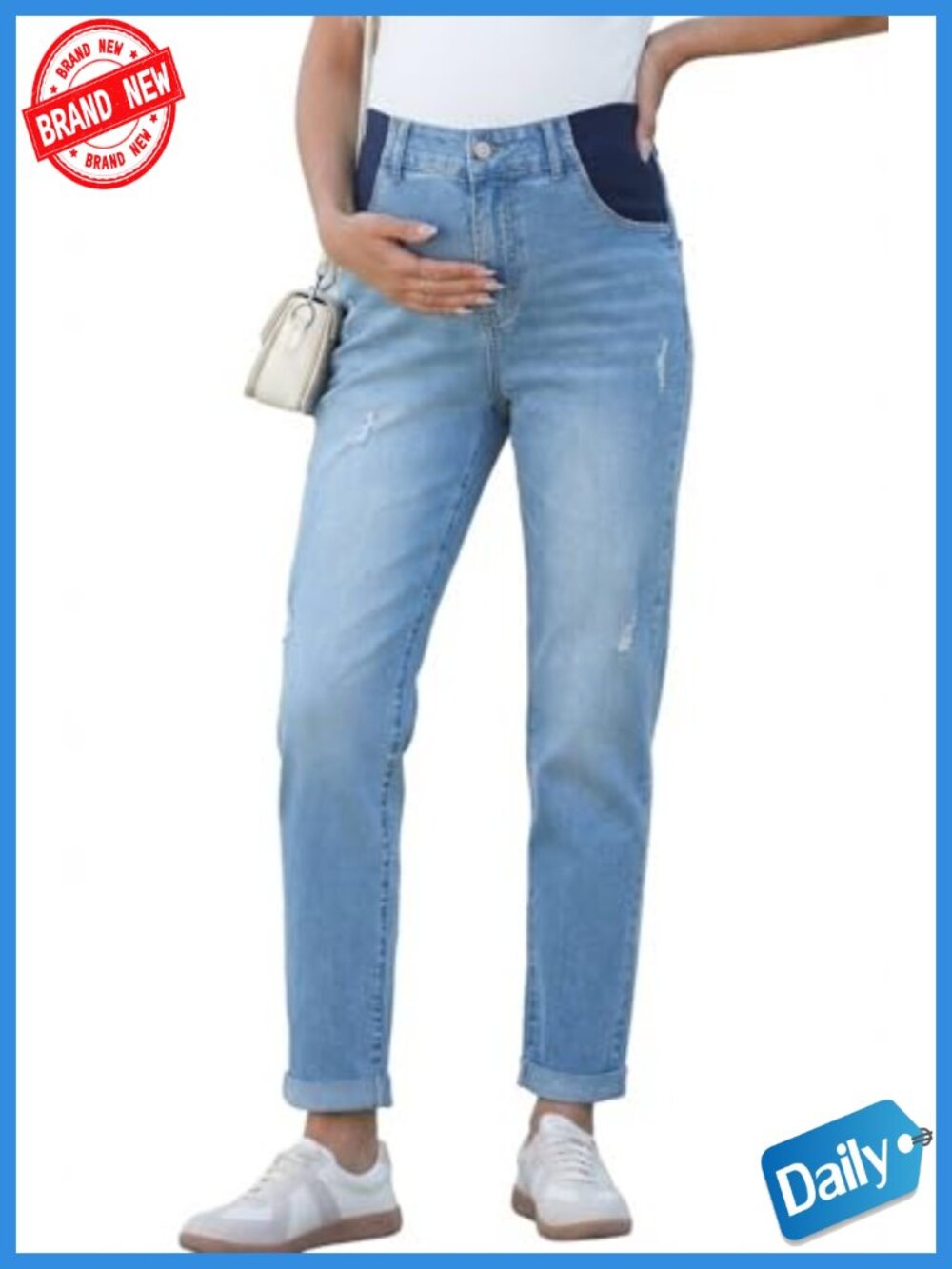 Maternity Jeans High Rise Stretchy Waistband Straight Leg Pregnancy Denim Cuffed
